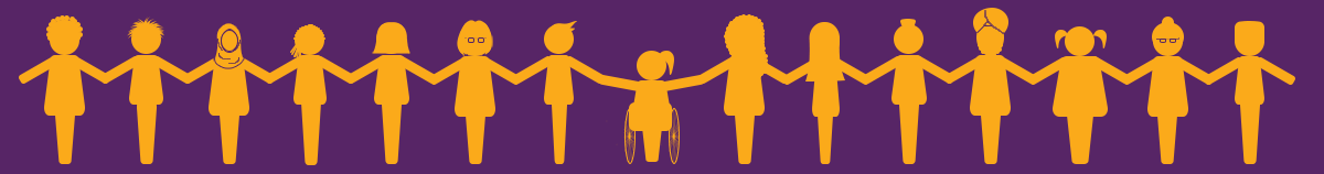 illustration of gold paper cutout people connected at the hand. There are tall people, short people, people of different races, people wearing turbans, people with glasses, using a wheelchair, different genders, etc. on a purple background